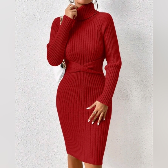 NEW Luxe Ribbed Knit Turtleneck Sweater Dress Bodycon Twist Waist Red - Picture 5 of 8